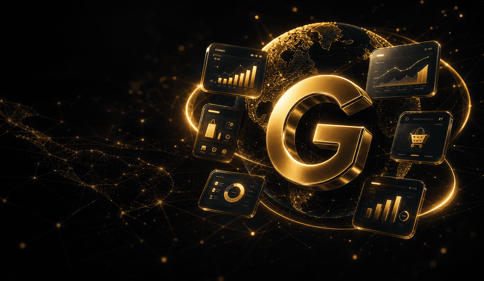 3D gold Gondal emblem with floating digital interface cards